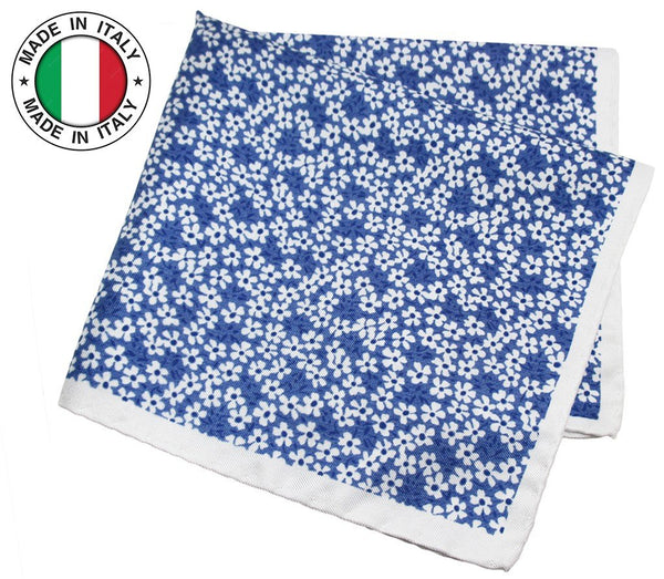 PAÑUELO DE BOLSILLO SEDA ESTAMPADA AZUL FLORECILLAS BLANCAS