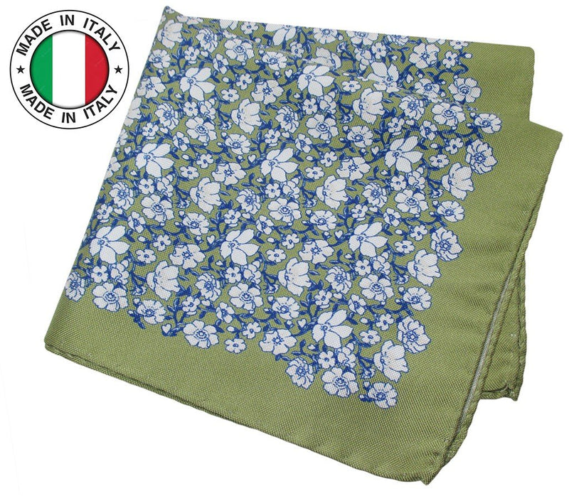 PAÑUELO DE BOLSILLO SEDA ESTAMPADA VERDE CAQUI MOTIVO FLORAL