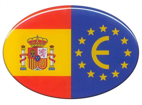 PEGATINA OVALADA BANDERA ESPAÑA CON ESCUDO Y EUROPA