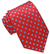 CORBATA SEDA ROJA CON TOPOS CELESTES