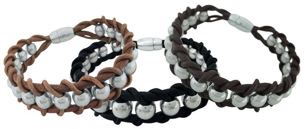 PULSERA PARA HOMBRE CORDON CUERO BOLAS