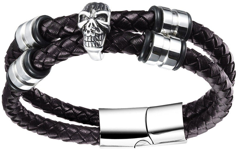 PULSERA PARA HOMBRE DOBLE CORDO CUERO TRENZADO CALAVERA