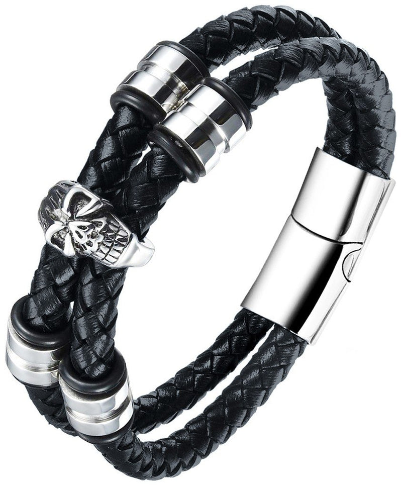 PULSERA PARA HOMBRE DOBLE CORDO CUERO TRENZADO CALAVERA